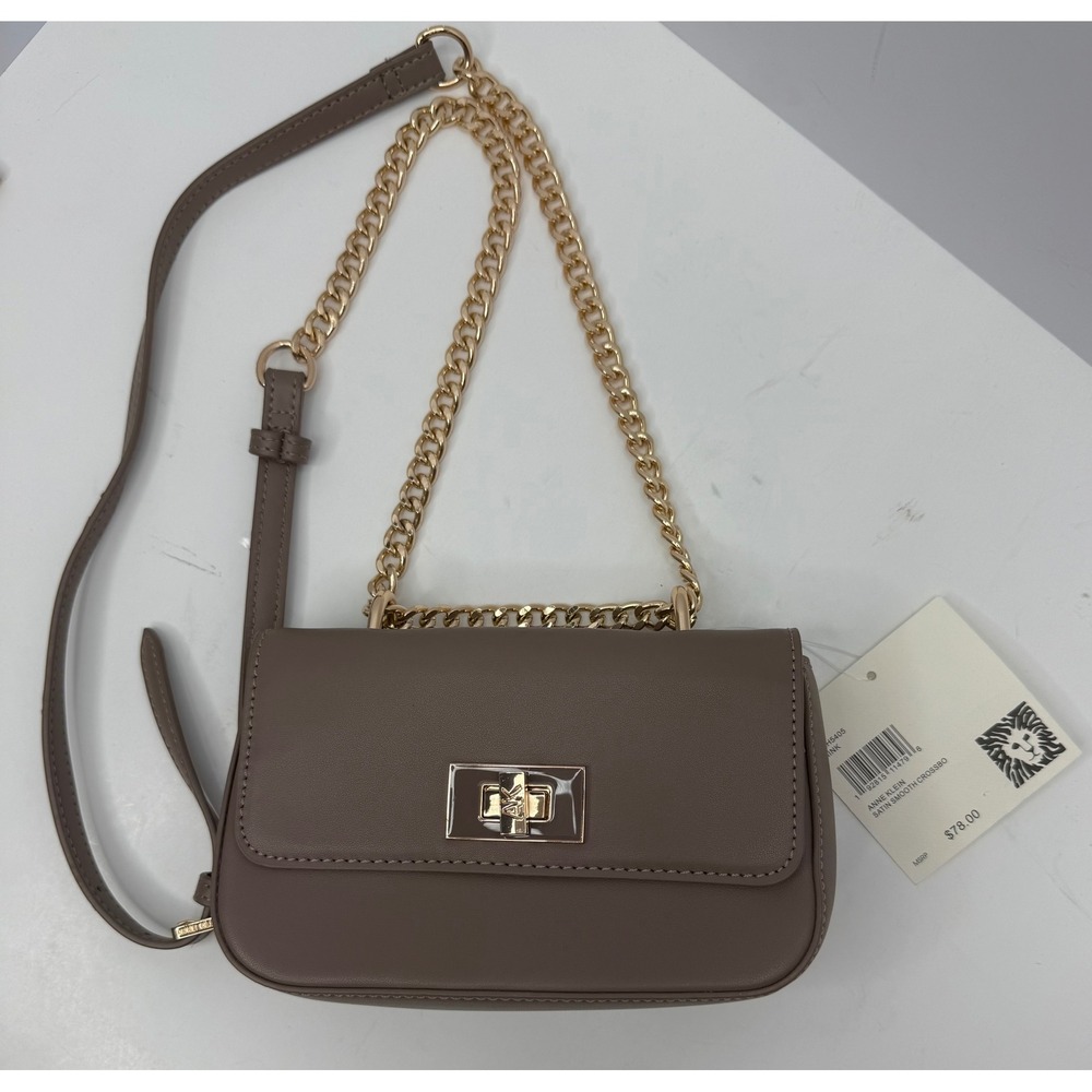 Anne Klein Mink Satin Smooth Crossbody Bag Gold Chain Turn Lock MSRP $78